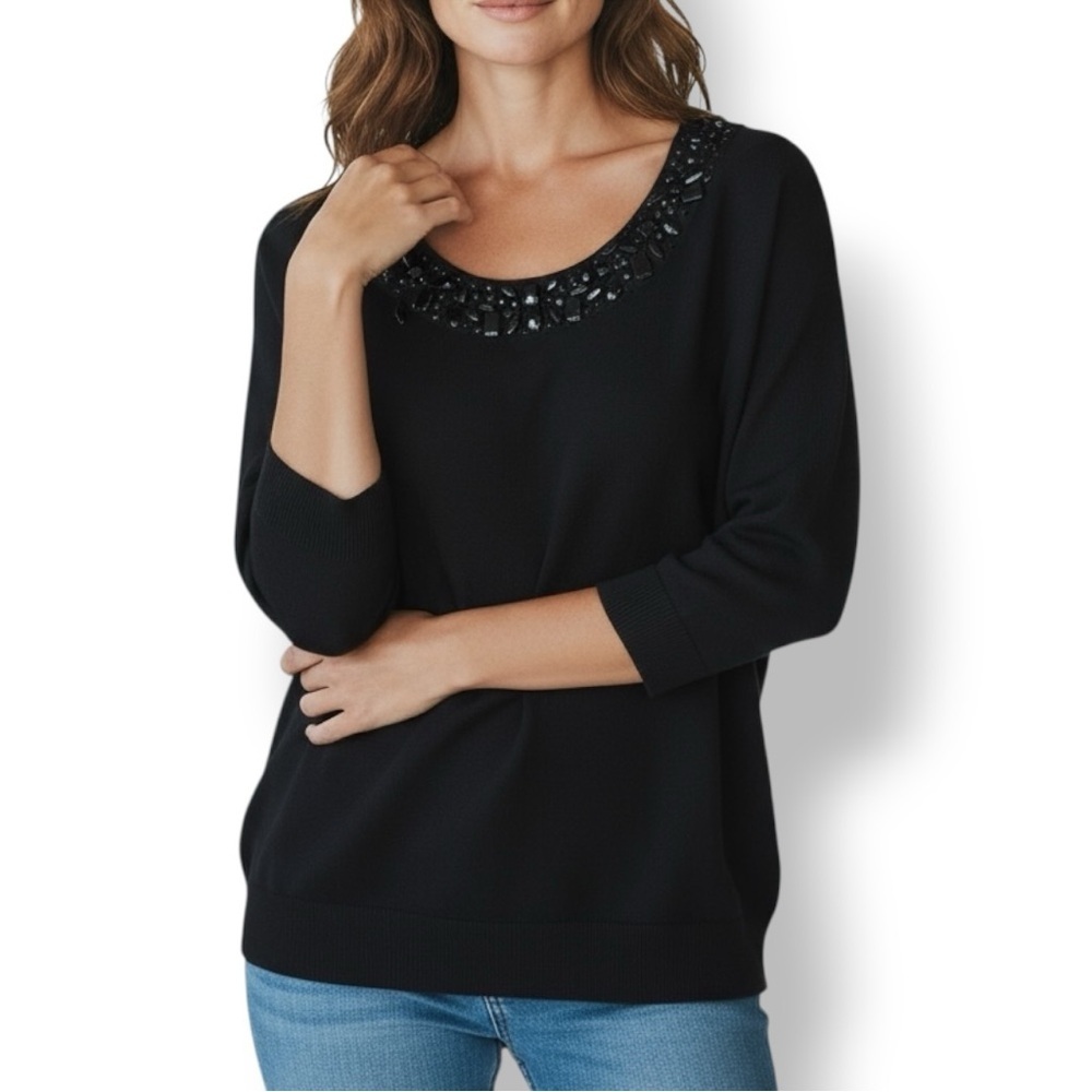 4/$20 Attention Black Embellished Neckline 3/4 Sleeve Knit Sweater Top XL